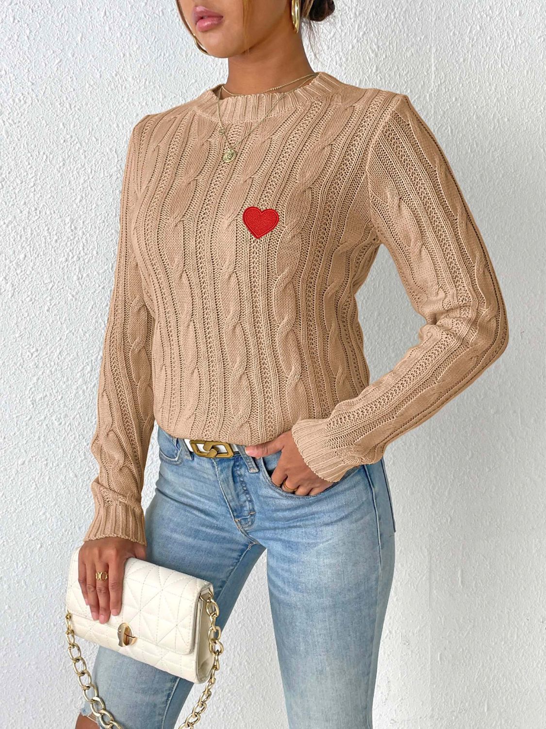 Cable-Knit Heart Round Neck Long Sleeve Sweater-BT8D