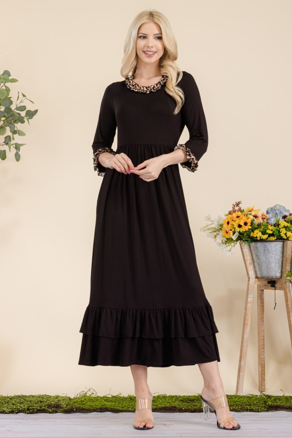 Celeste Full Size Leopard Ruffle Detail Midi Dress-BT8D