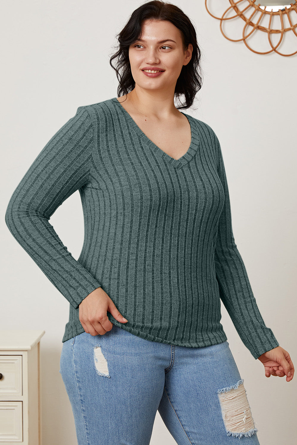 Basic Bae Full Size Ribbed V-Neck Long Sleeve T-Shirt-BT8D