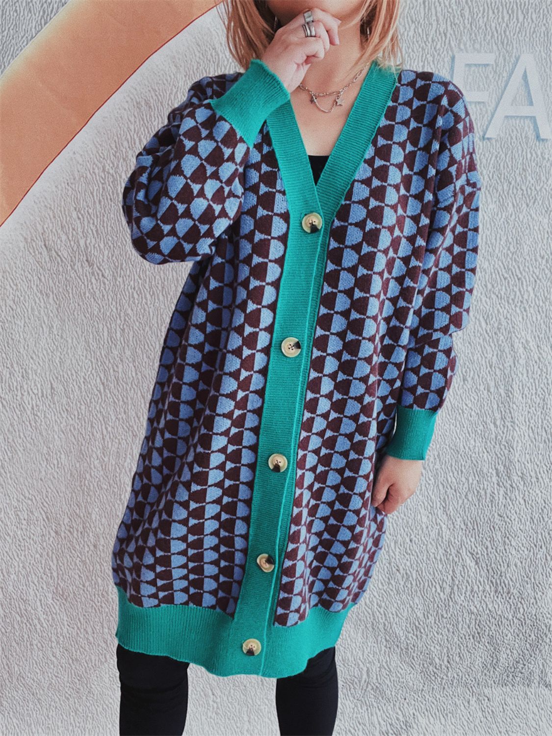 Contrast Trim Geometric Button Down Cardigan-BT8D