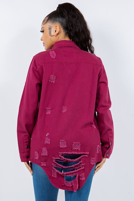 American Bazi Distressed Button Up Long Sleeve Denim Jacket-BT8D