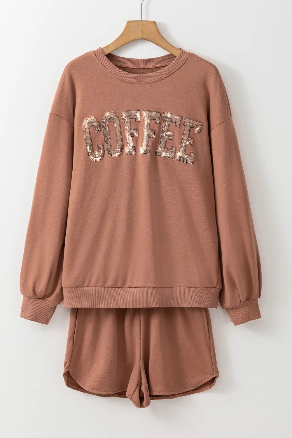 COFFEE Sequin Round Neck Long Sleeve Top and Shorts Set-BT8D