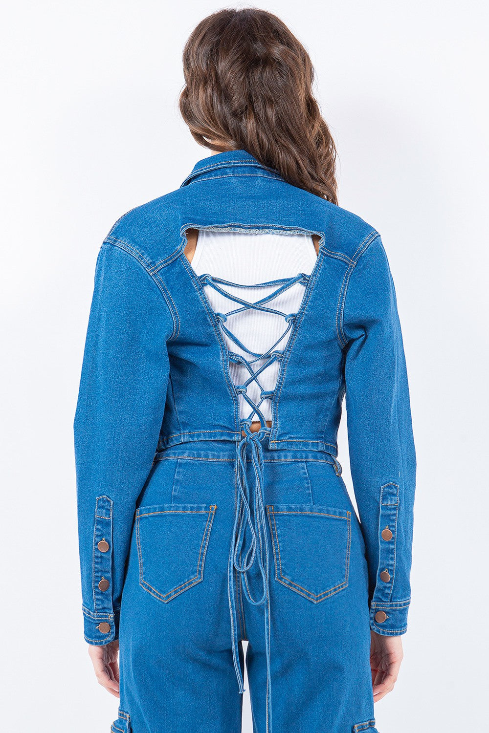 American Bazi Laced Back Cropped Denim Jacket-BT8D