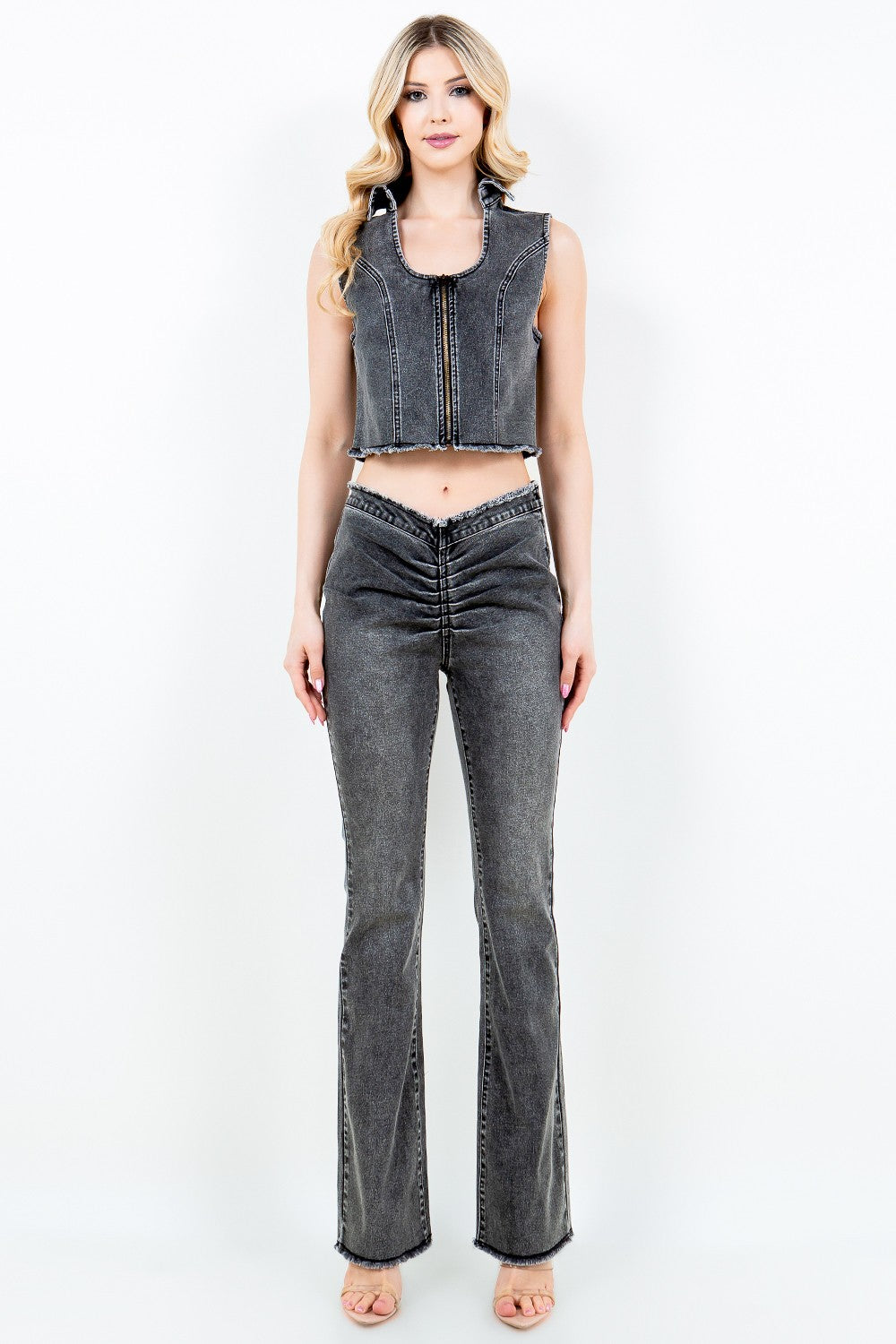 American Bazi Zip Up Washed Crop Denim Vest-BT8D