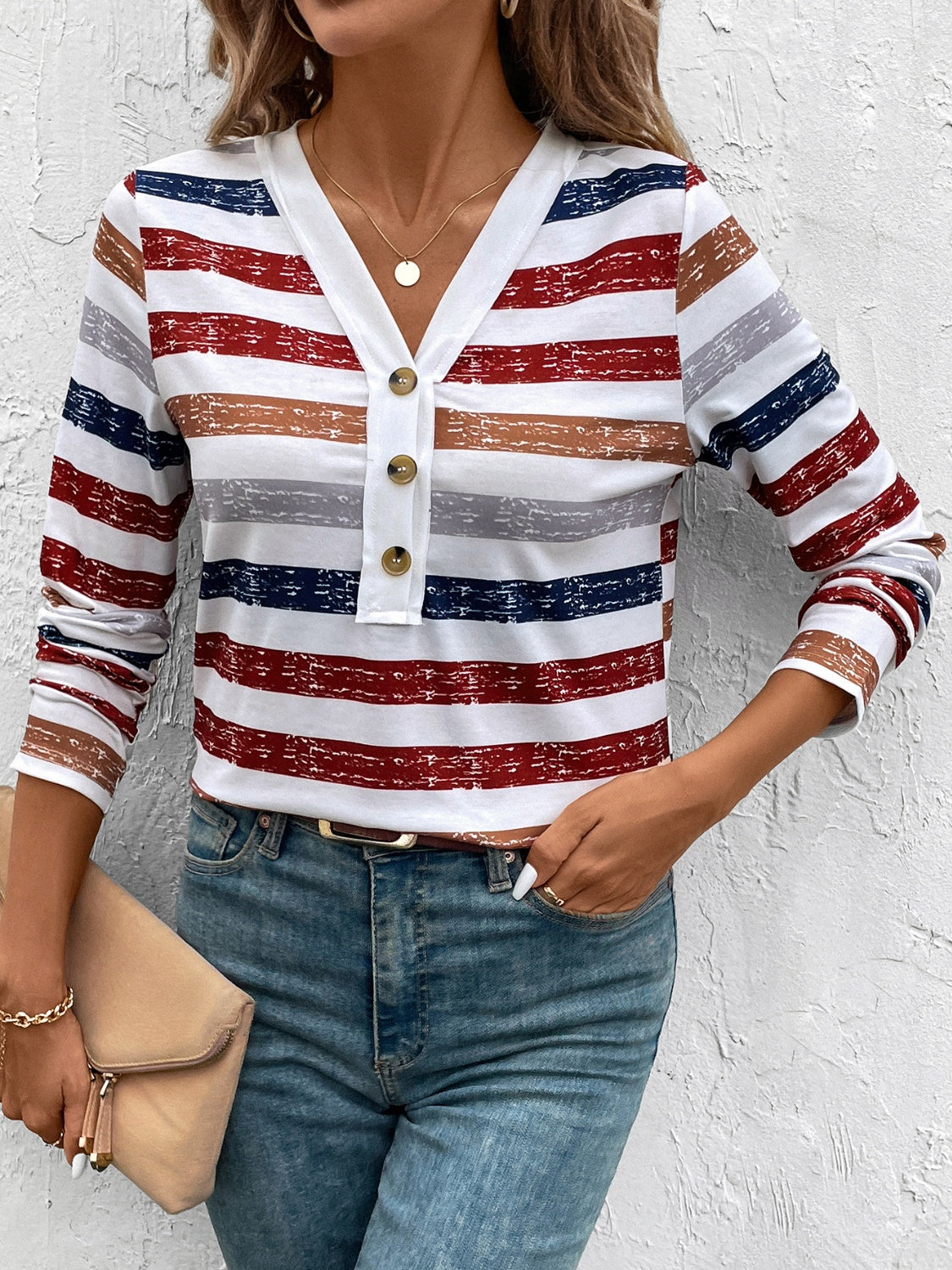 Contrast Striped V-Neck Long Sleeve T-Shirt-BT8D