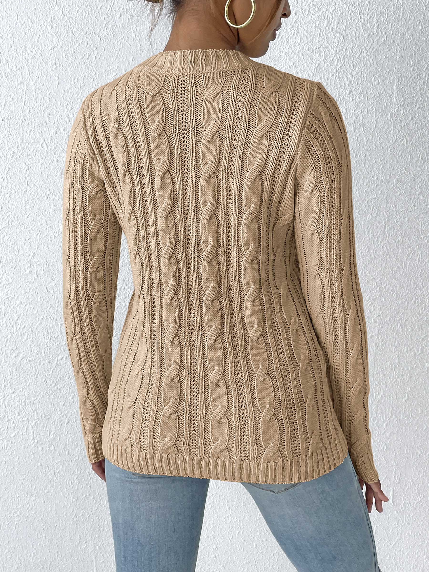 Cable-Knit Heart Round Neck Long Sleeve Sweater-BT8D