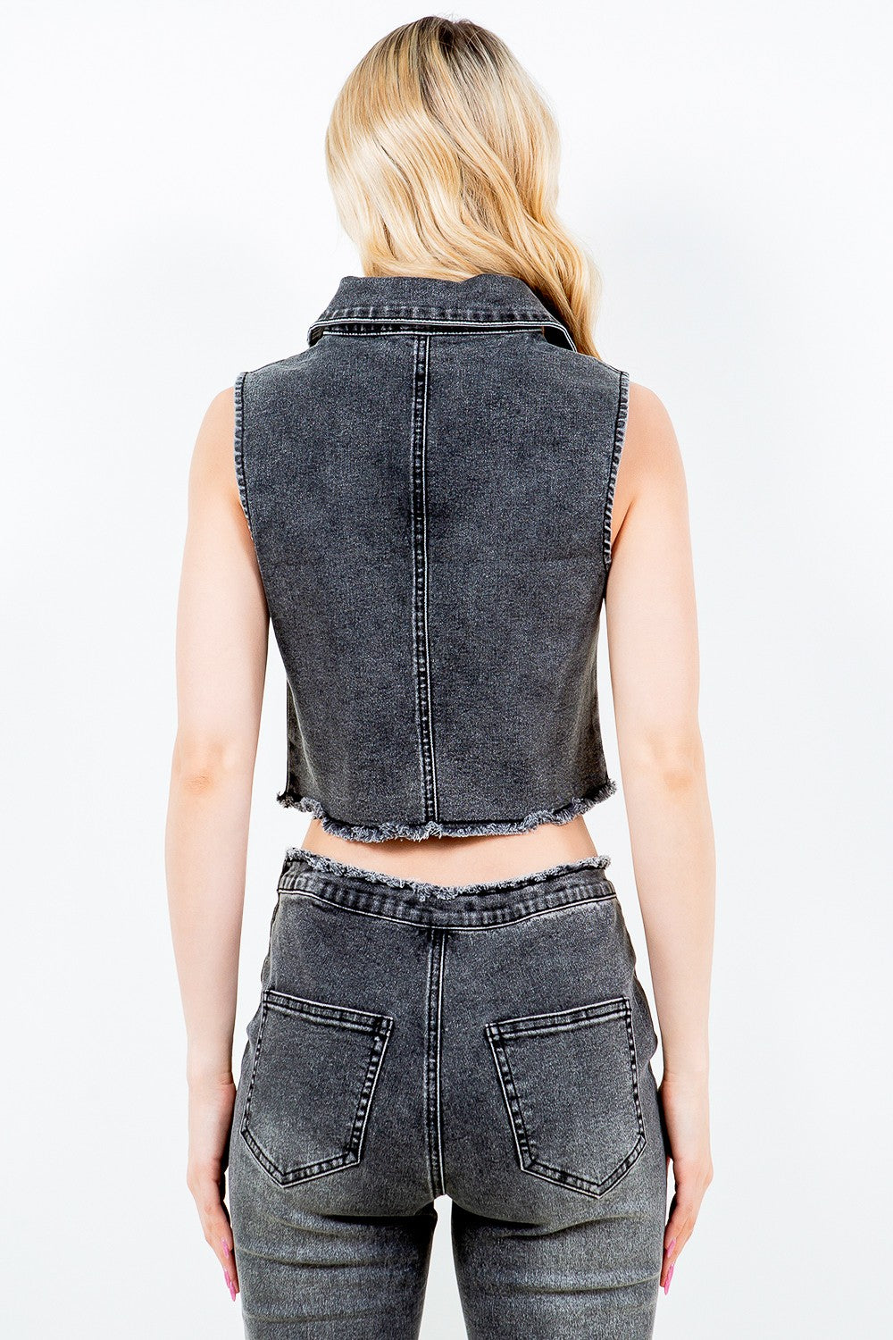 American Bazi Zip Up Washed Crop Denim Vest-BT8D