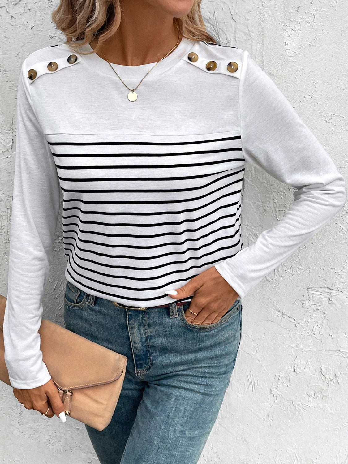 Decorative Button Striped Round Neck Long Sleeve T-Shirt-BT8D