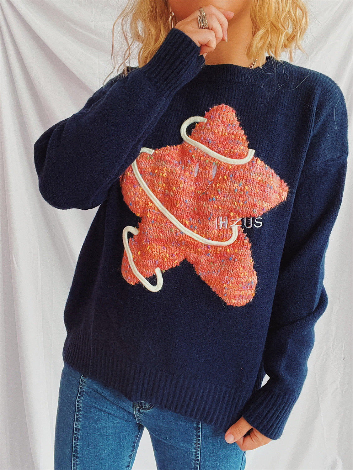 Contrast Star Round Neck Long Sleeve Sweater-BT8D