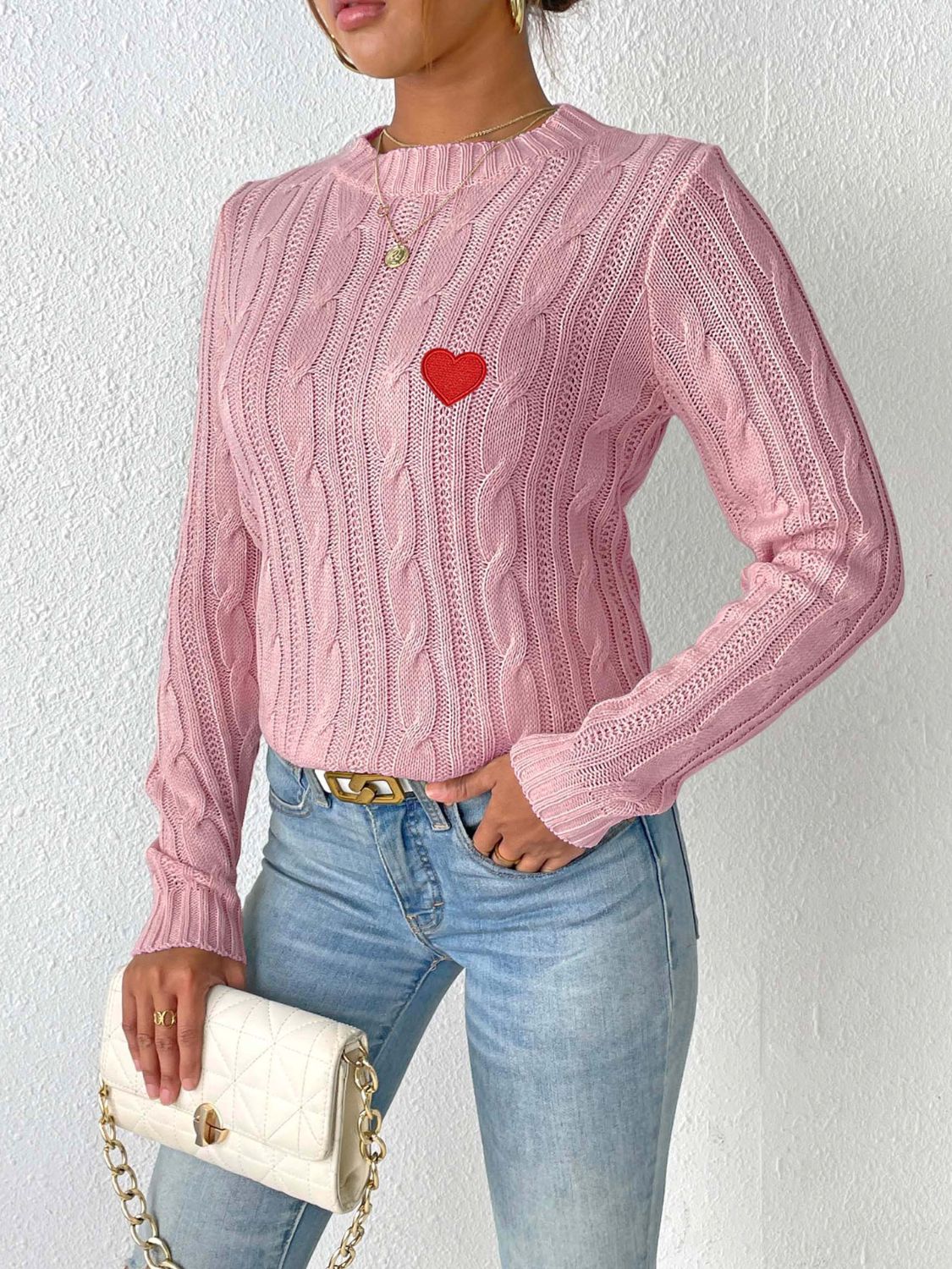 Cable-Knit Heart Round Neck Long Sleeve Sweater-BT8D