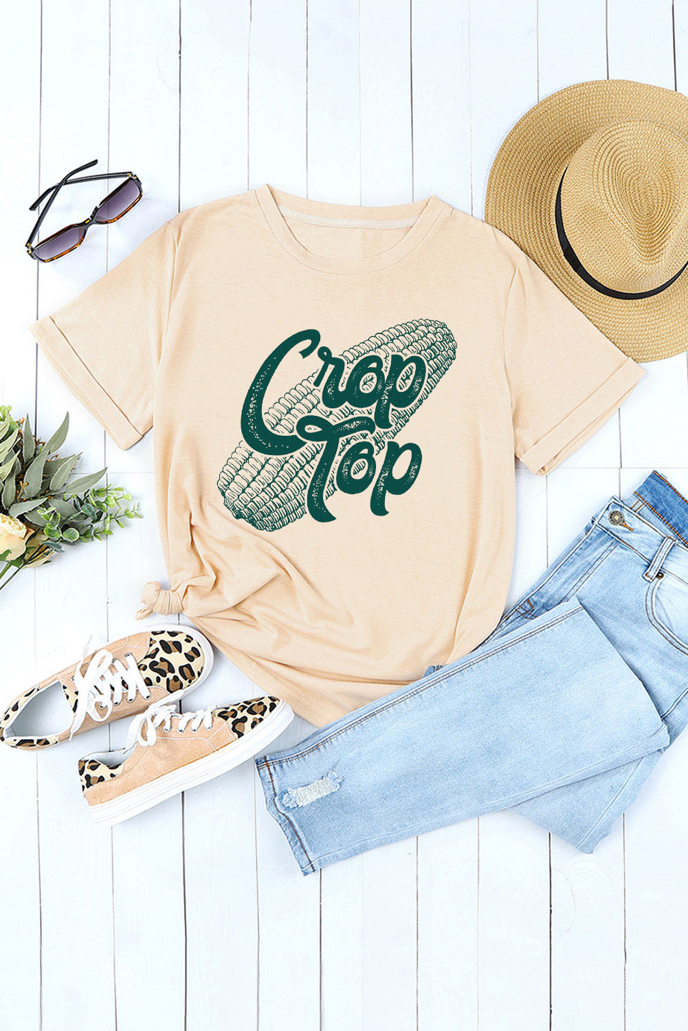 Corn Letter Graphic Cuffed Tee-BT8D