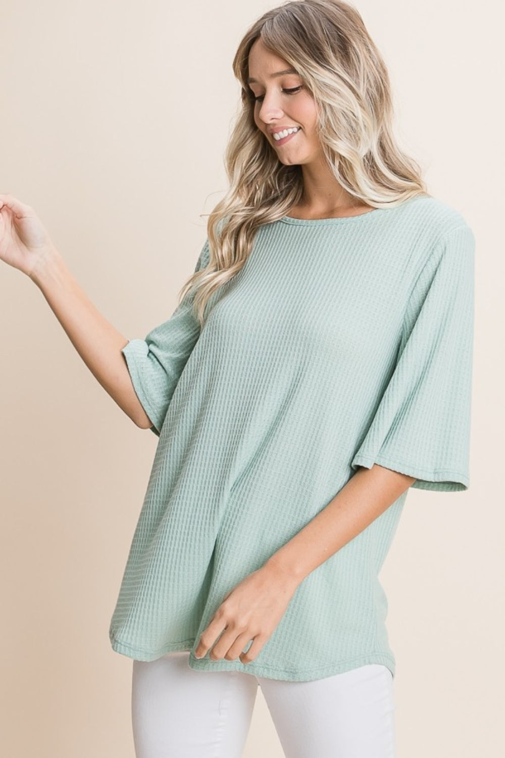 BOMBOM Round Neck Waffle Knit T-Shirt-BT8D