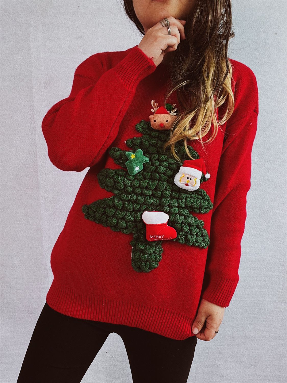 Christmas Tree Round Neck Long Sleeve Sweater-BT8D