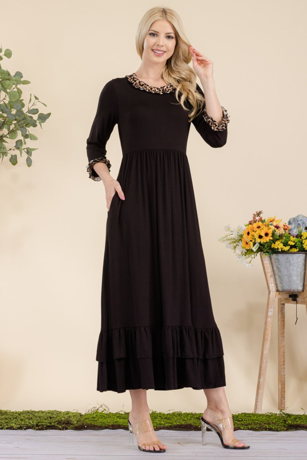 Celeste Full Size Leopard Ruffle Detail Midi Dress-BT8D