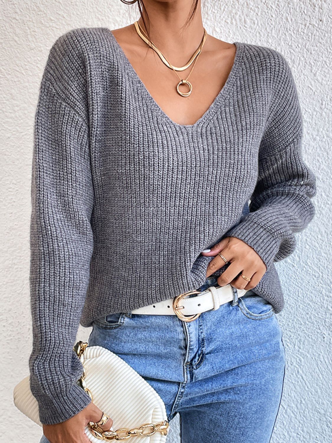 Crisscross V-Neck Long Sleeve Sweater-BT8D