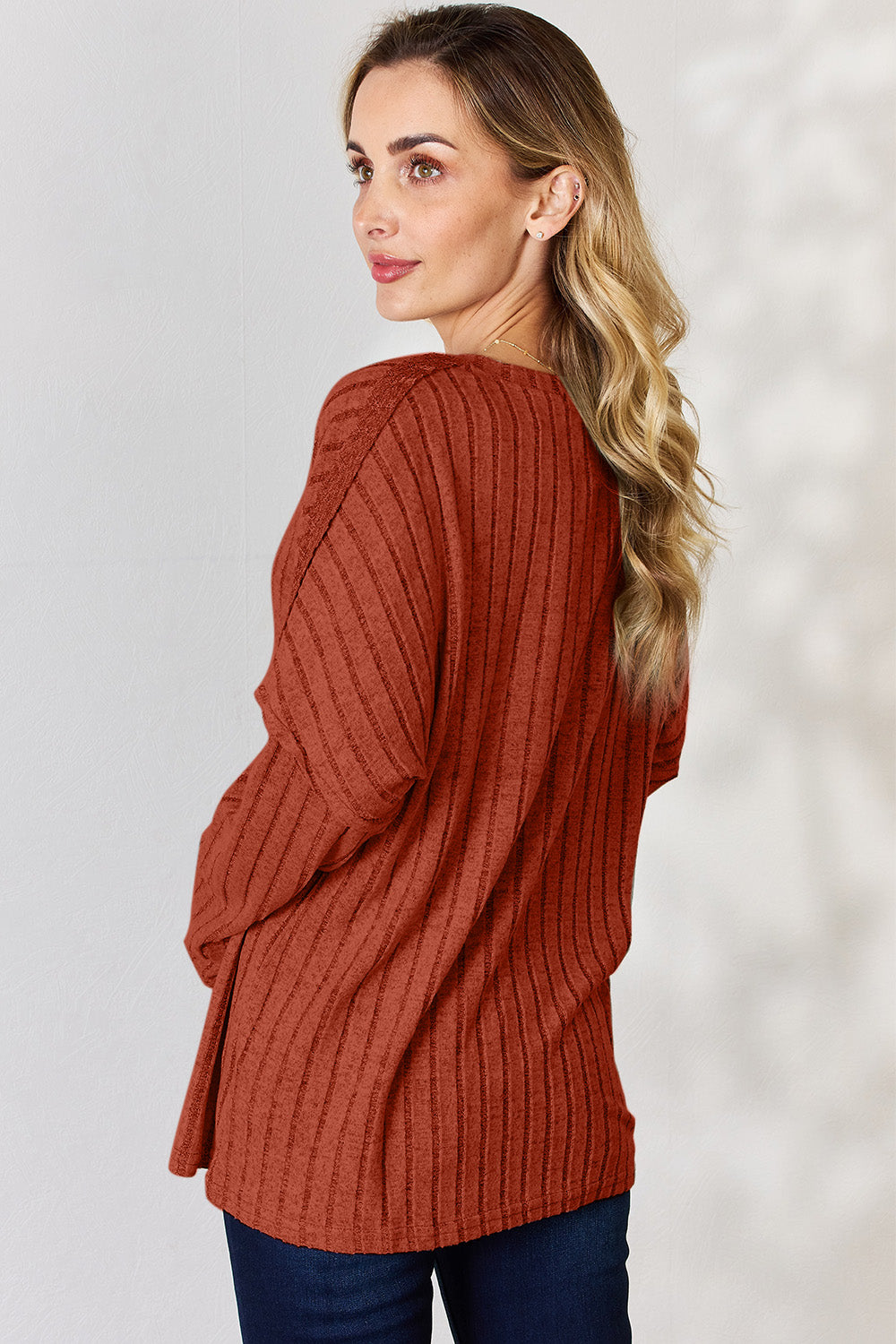 Basic Bae Full Size Ribbed Half Button Long Sleeve T-Shirt-BT8D