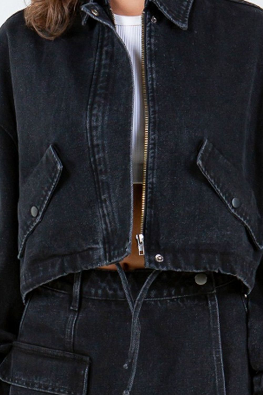American Bazi Drawstring Waist Crop Denim Jacket-BT8D