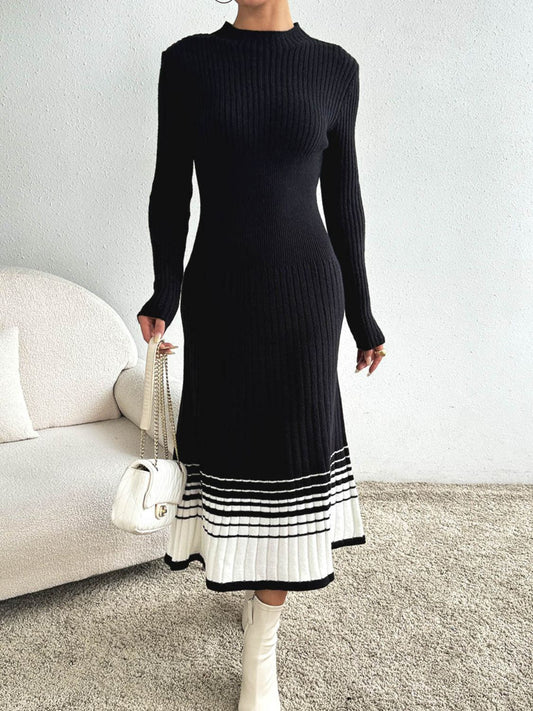 Contrast Mock Neck Long Sleeve Sweater Dress-BT8D