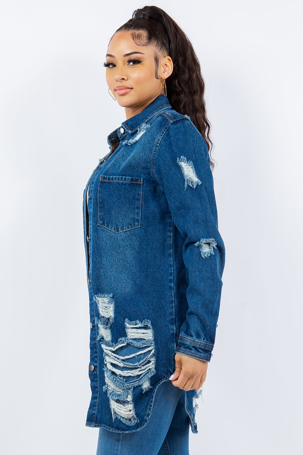 American Bazi Distressed Button Up Long Sleeve Denim Jacket-BT8D