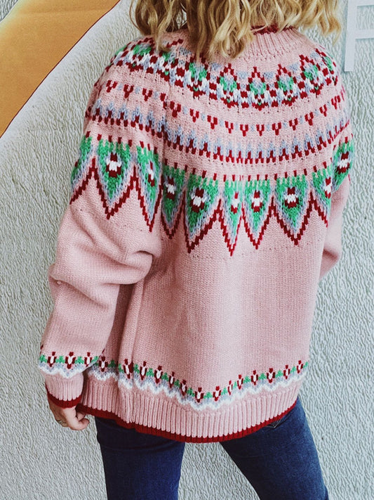 Contrast Geometric Round Neck Long Sleeve Cardigan-BT8D