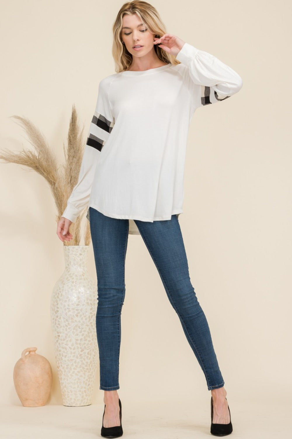 Celeste Full Size Plaid Detail Long Sleeve T-Shirt-BT8D