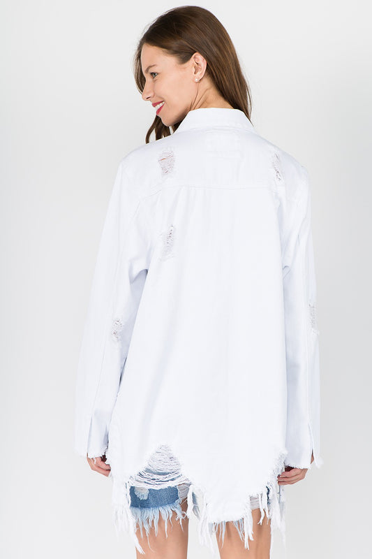 American Bazi Distressed Frayed Hem Denim Jacket-BT8D