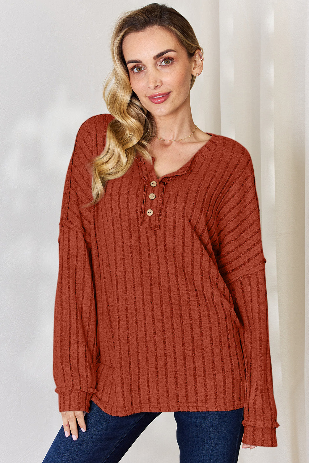 Basic Bae Full Size Ribbed Half Button Long Sleeve T-Shirt-BT8D
