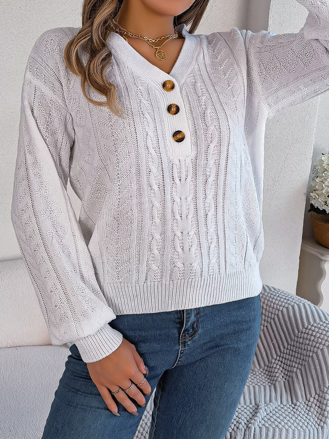 Cable-Knit V-Neck Long Sleeve Sweater-BT8D