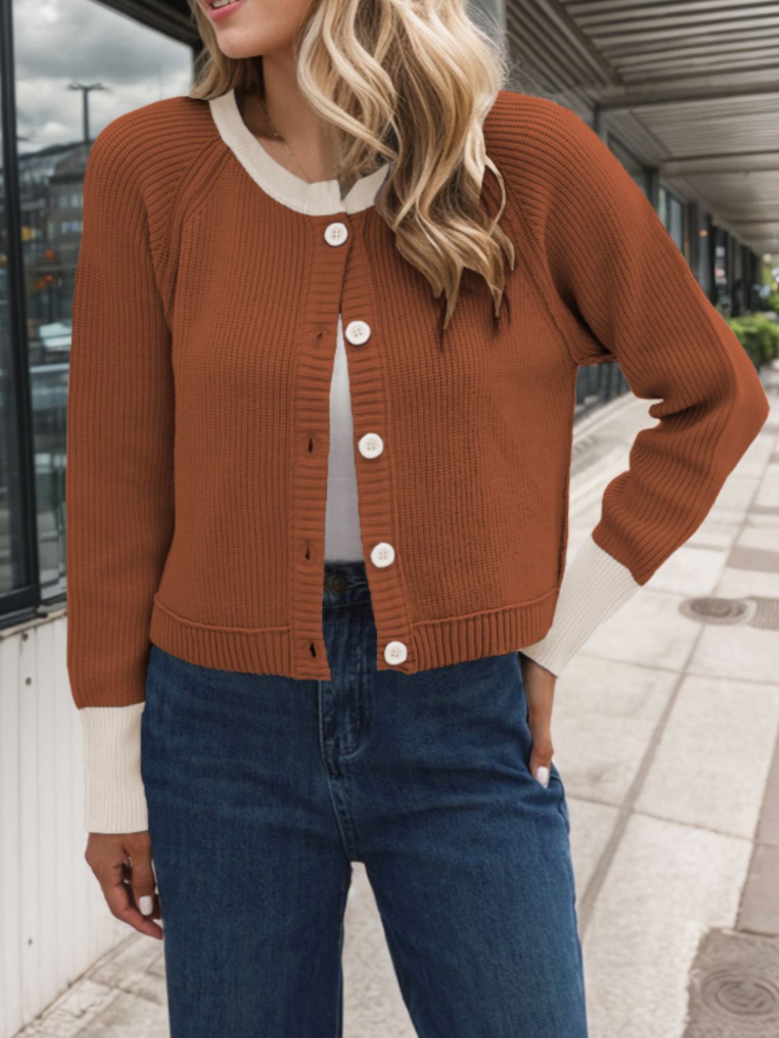 Contrast Button Up Long Sleeve Cardigan-BT8D
