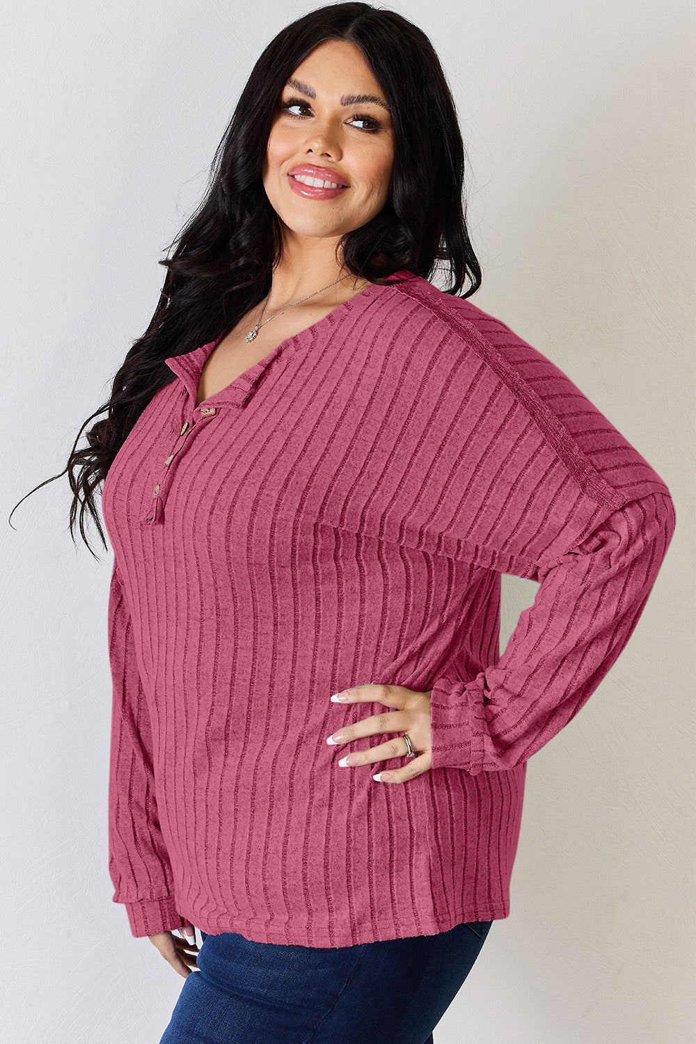 Basic Bae Full Size Ribbed Half Button Long Sleeve T-Shirt-BT8D