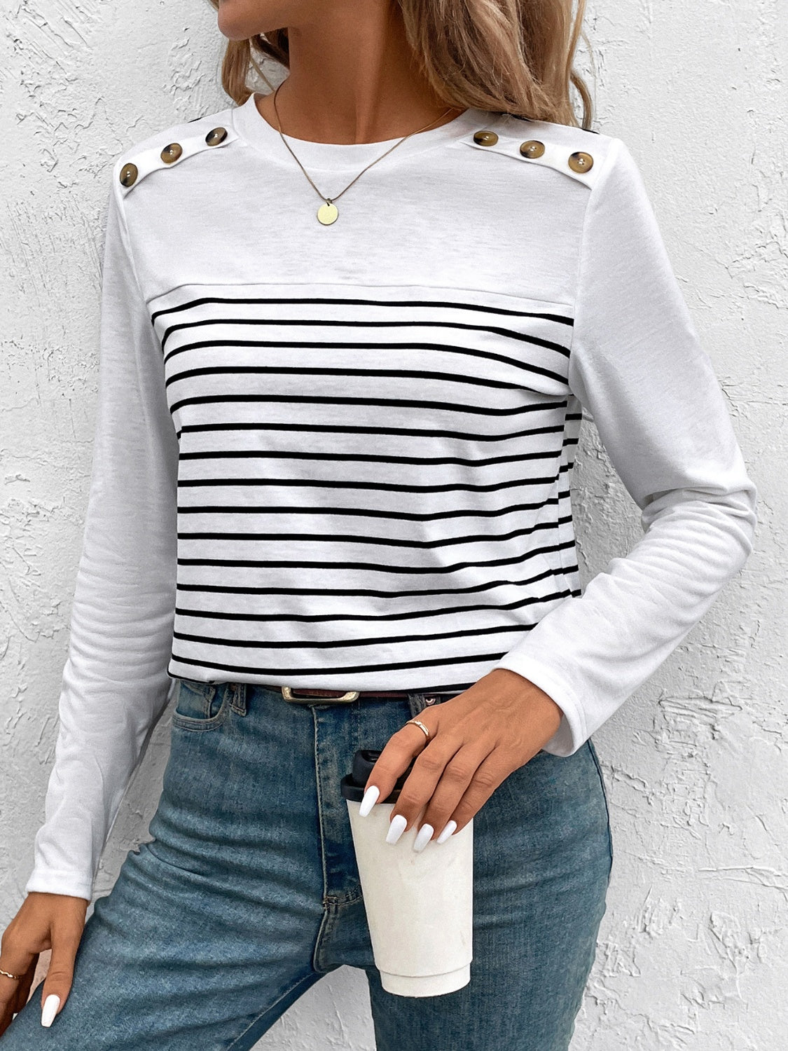 Decorative Button Striped Round Neck Long Sleeve T-Shirt-BT8D