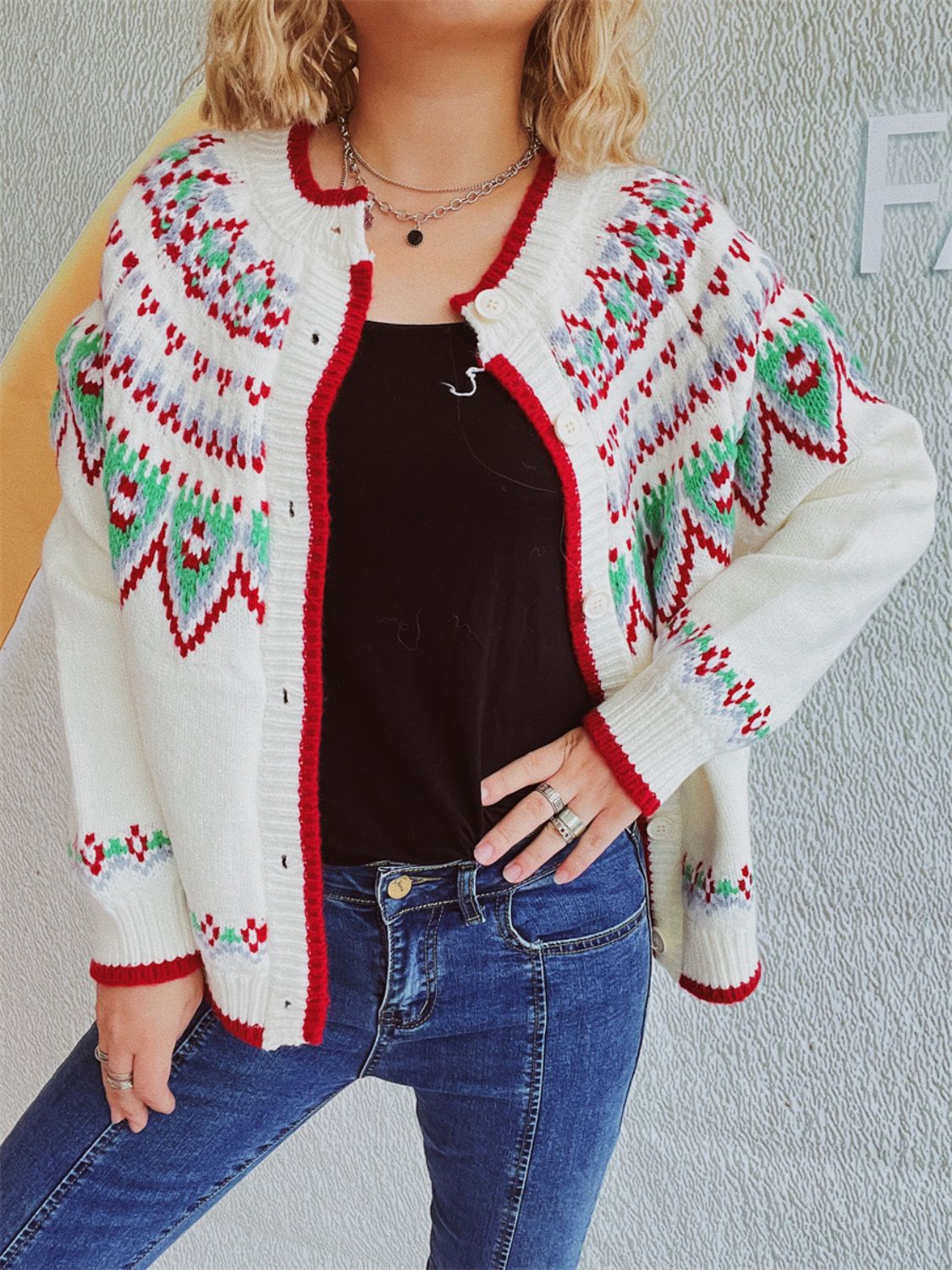 Contrast Geometric Round Neck Long Sleeve Cardigan-BT8D