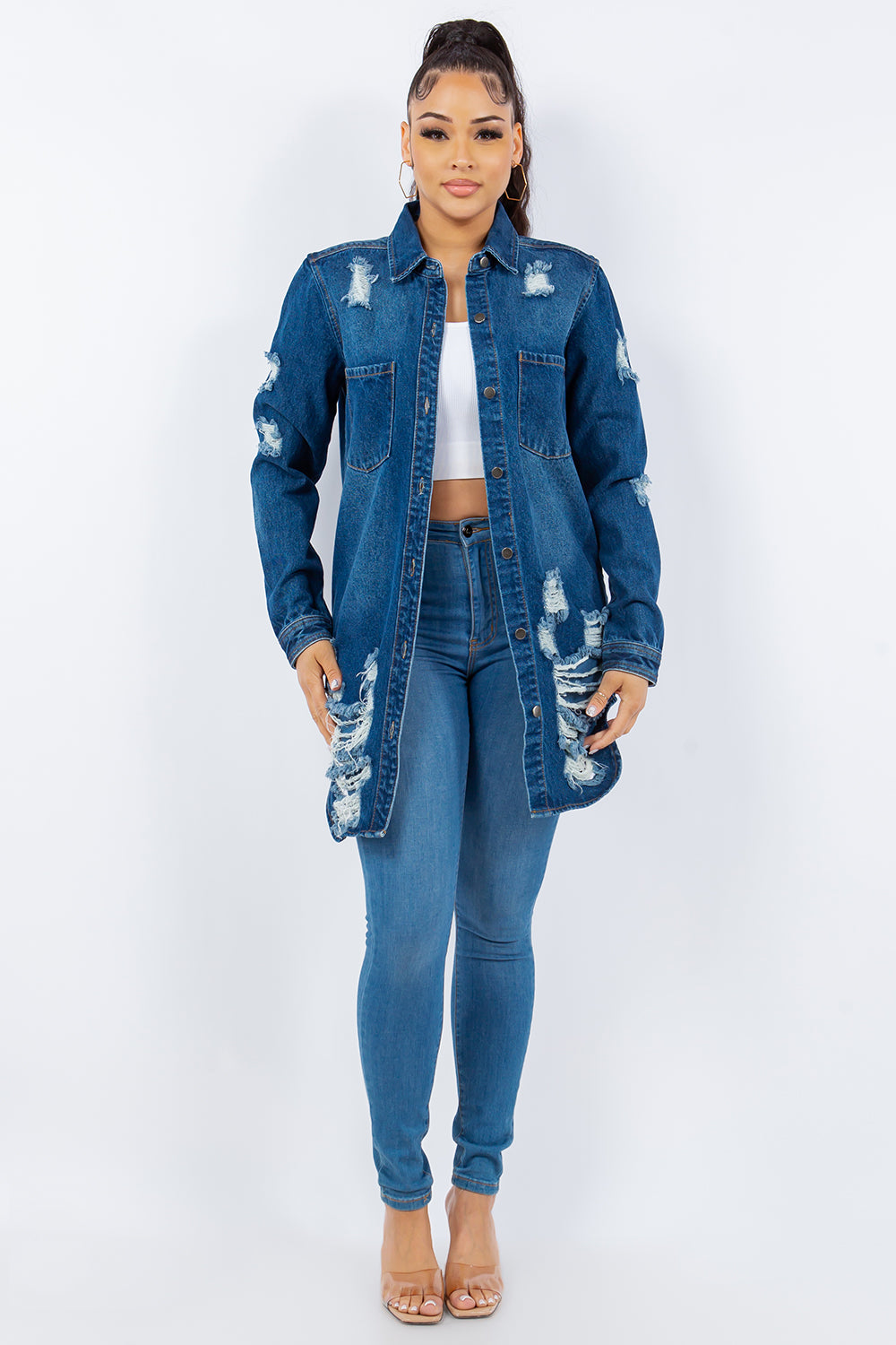 American Bazi Distressed Button Up Long Sleeve Denim Jacket-BT8D