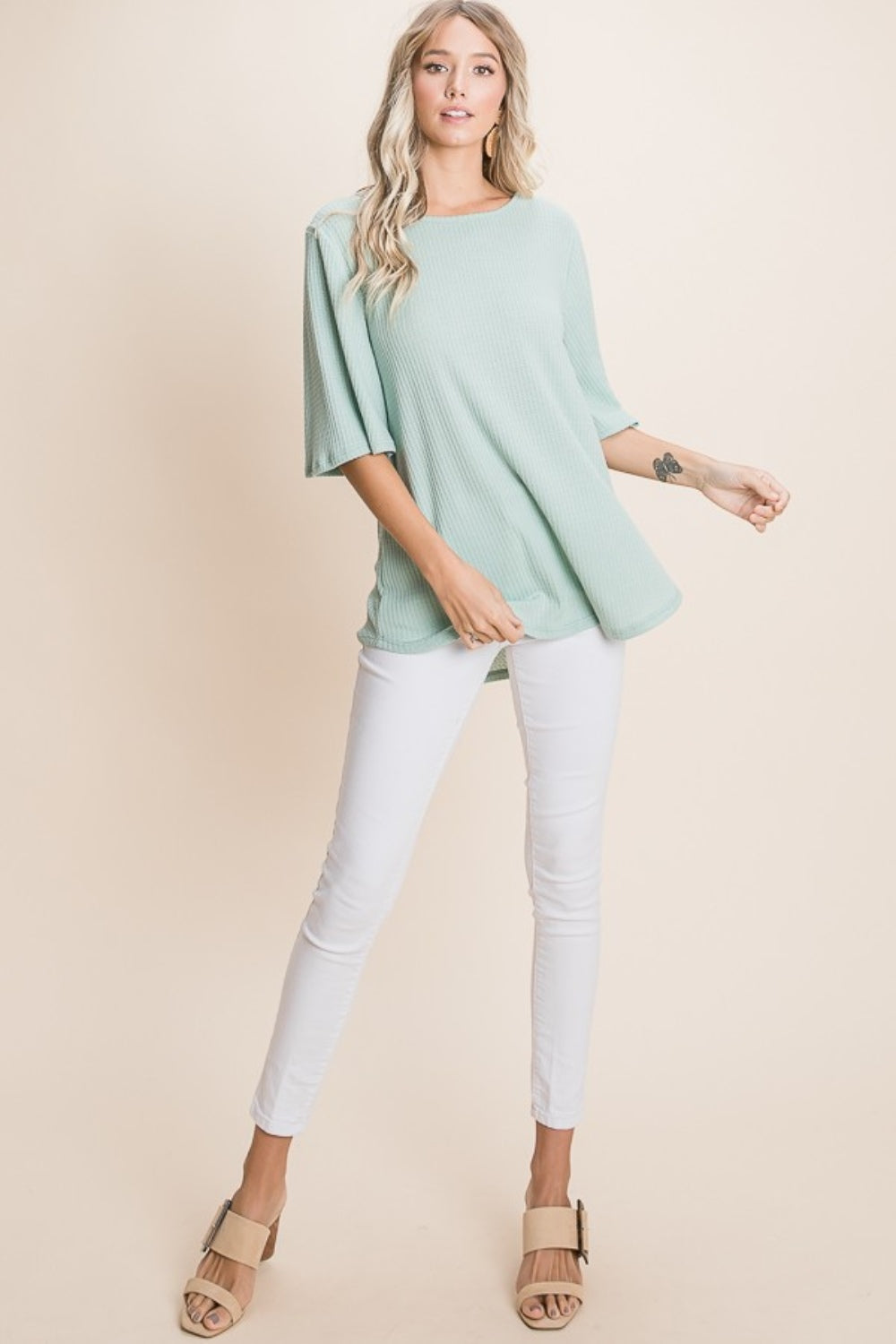 BOMBOM Round Neck Waffle Knit T-Shirt-BT8D