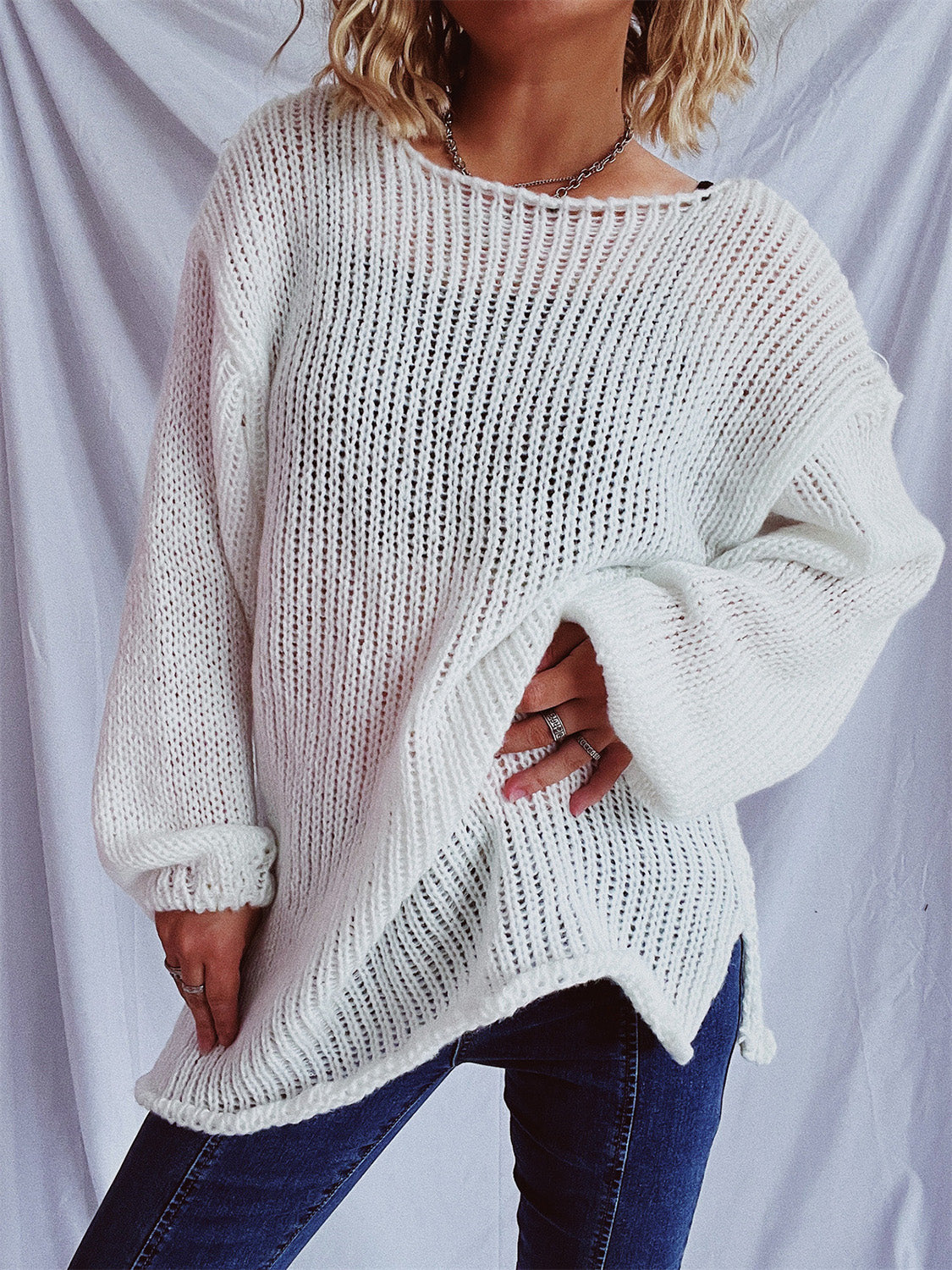 Boat Neck Dropped Shoulder Sweater-BT8D