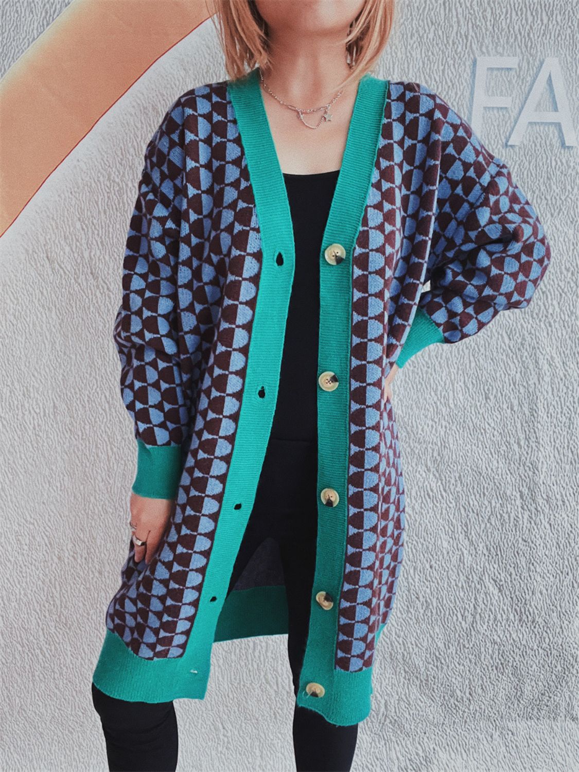 Contrast Trim Geometric Button Down Cardigan-BT8D