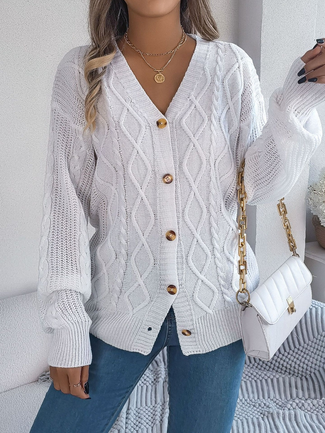Cable-Knit Long Sleeve Cardigan-BT8D