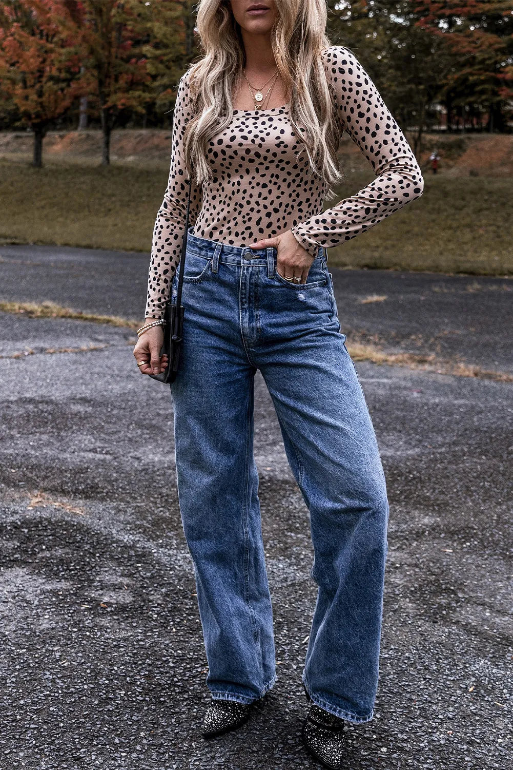 Animal Print Scoop Neck Long Sleeve Bodysuit-BT8D