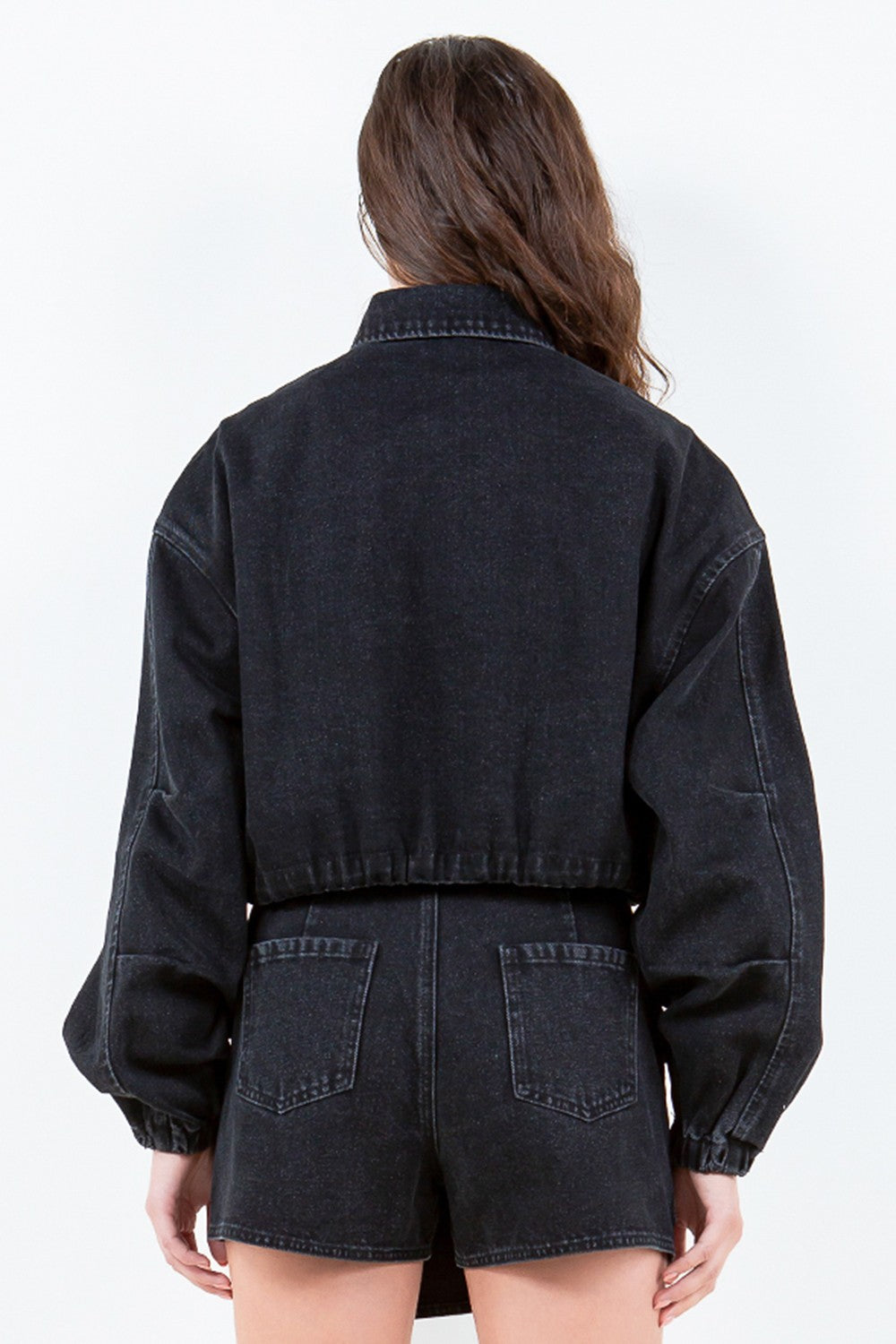 American Bazi Drawstring Waist Crop Denim Jacket-BT8D
