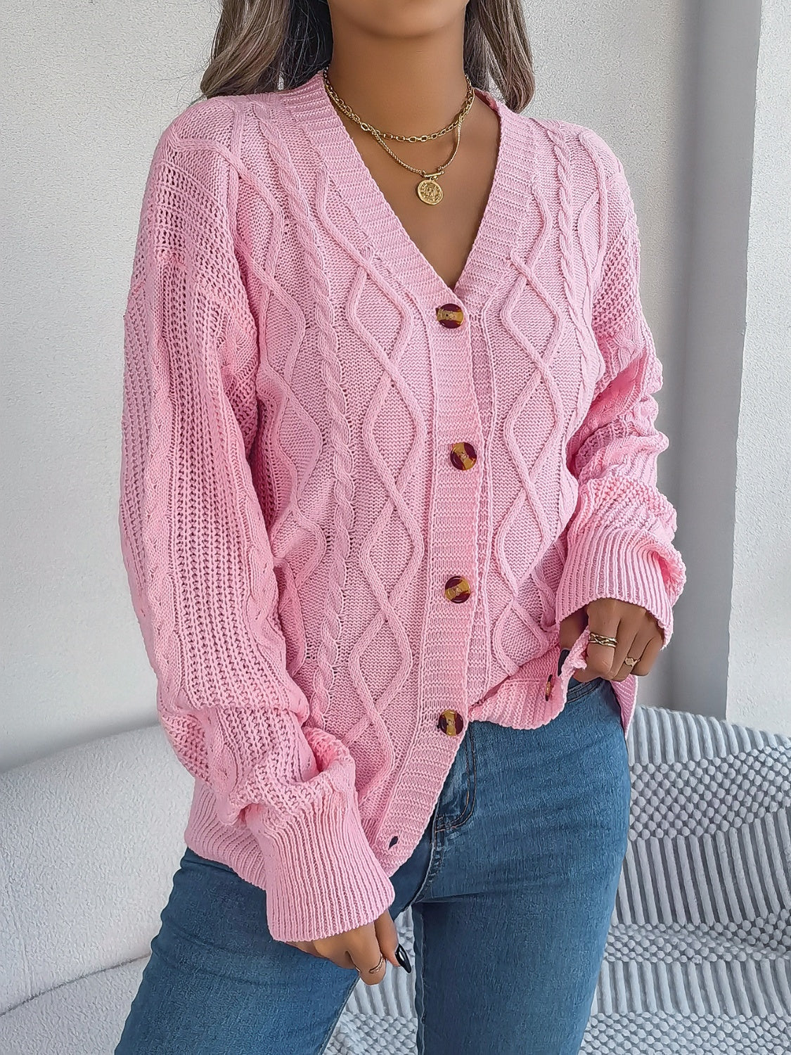 Cable-Knit Long Sleeve Cardigan-BT8D