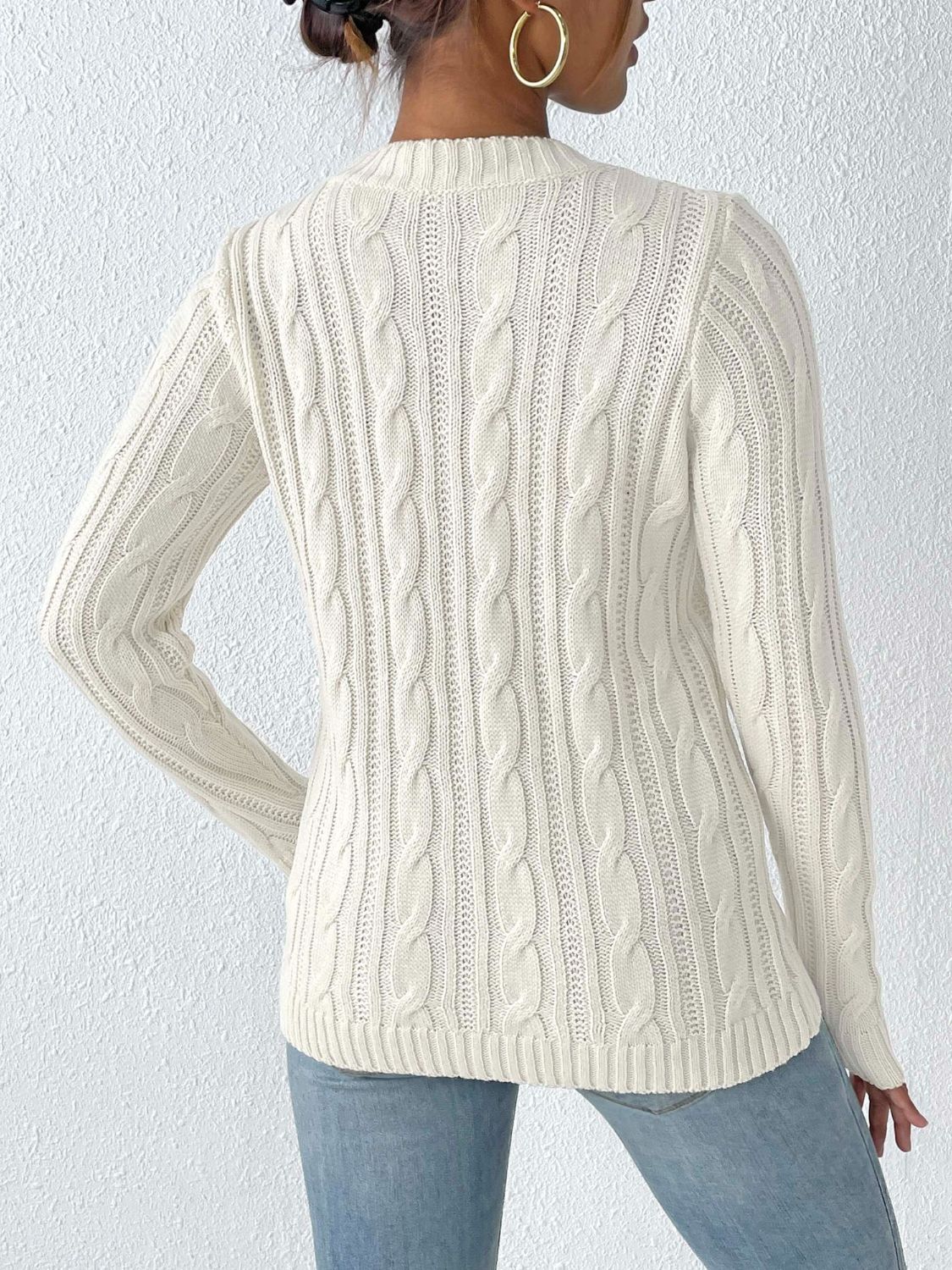 Cable-Knit Heart Round Neck Long Sleeve Sweater-BT8D