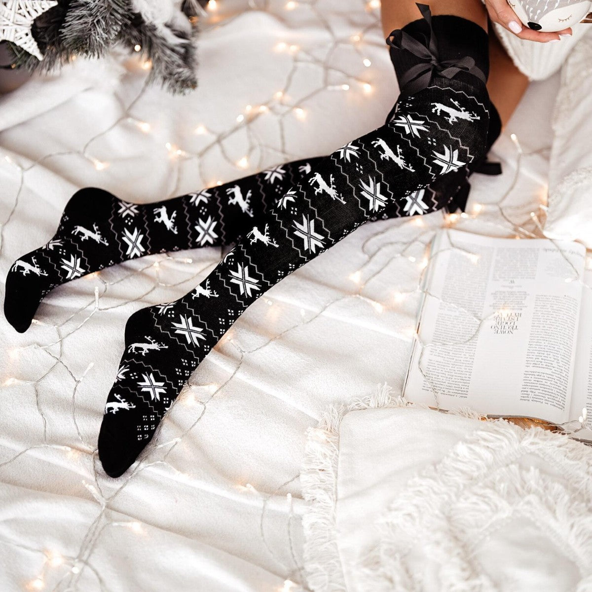 Christmas Element Bowknot Ribbed Trim Over Knee Stockings-BT8D
