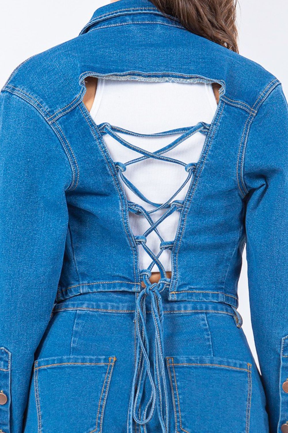 American Bazi Laced Back Cropped Denim Jacket-BT8D