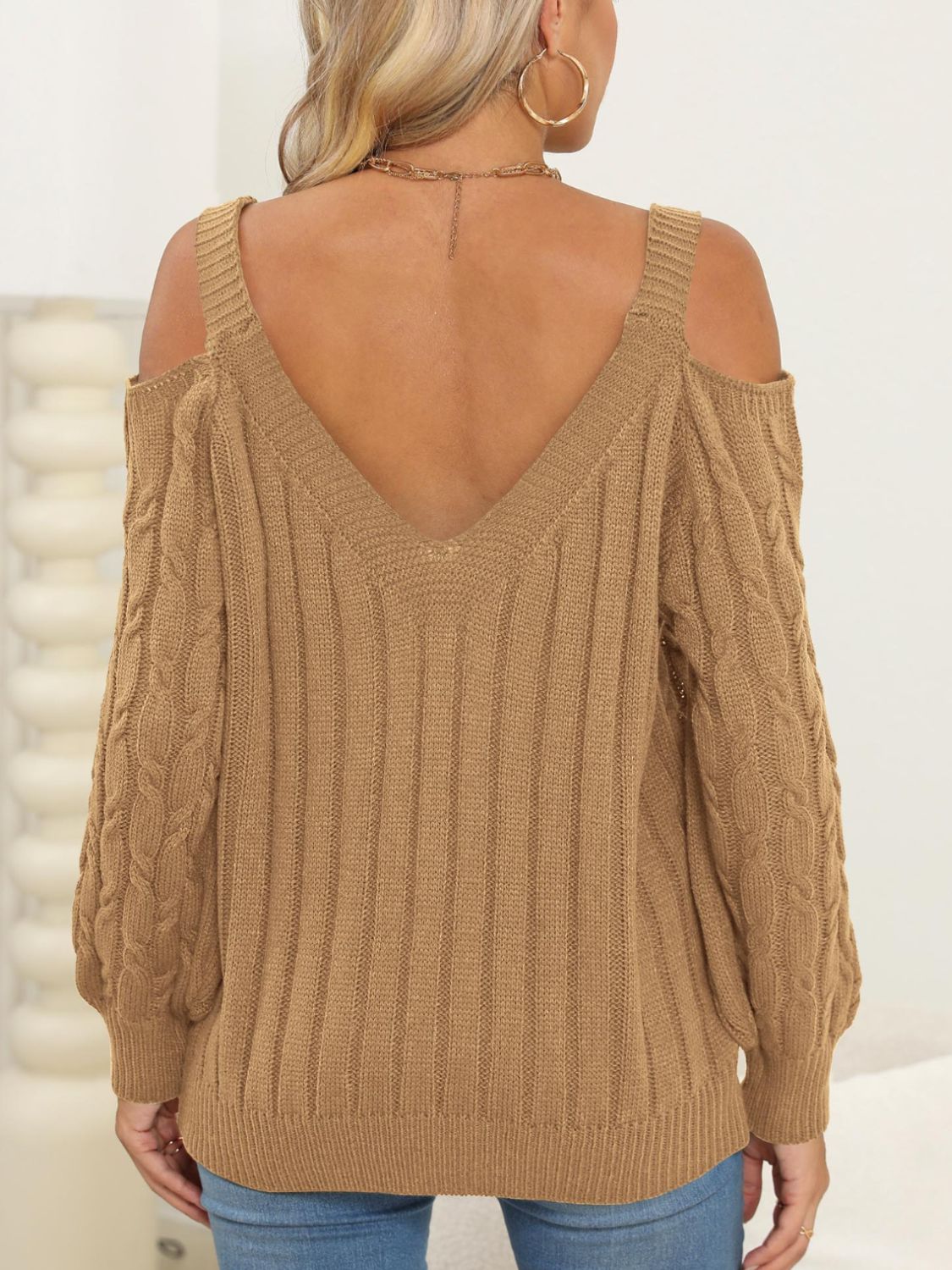 Cable-Knit Heart V-Neck Sweater-BT8D