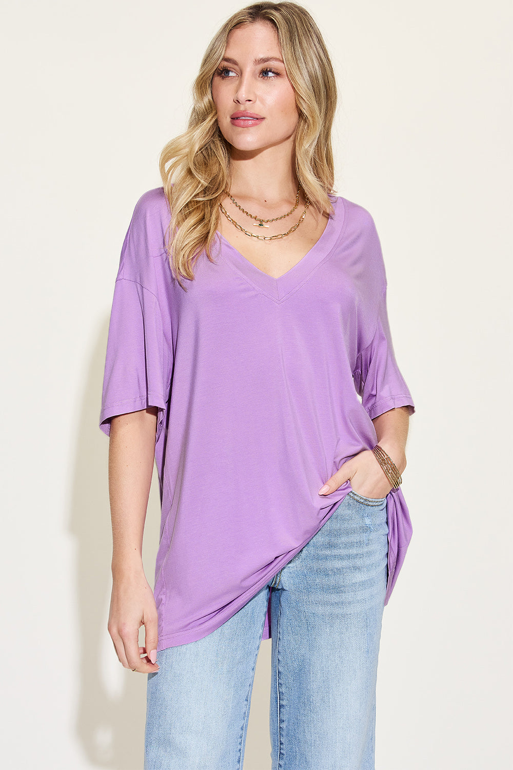 Basic Bae Full Size Bamboo V-Neck Drop Shoulder T-Shirt-BT8D
