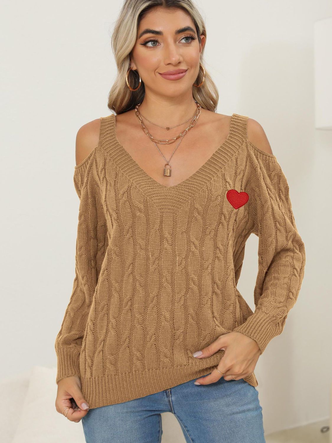 Cable-Knit Heart V-Neck Sweater-BT8D