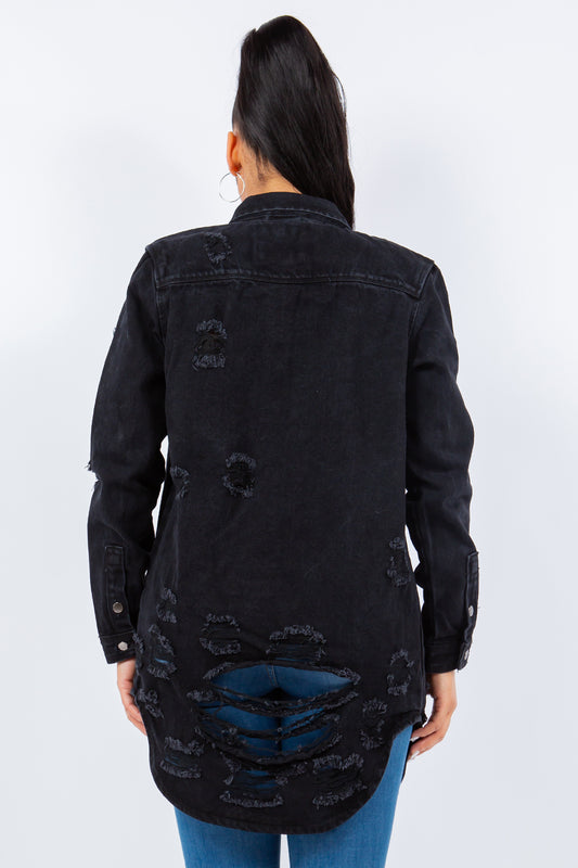 American Bazi Distressed Button Up Long Sleeve Denim Jacket-BT8D