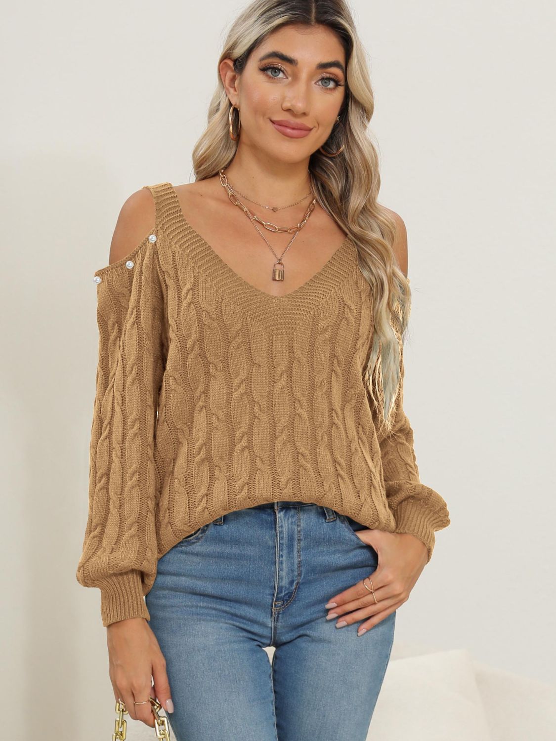 Cable-Knit Cold Shoulder Sweater-BT8D