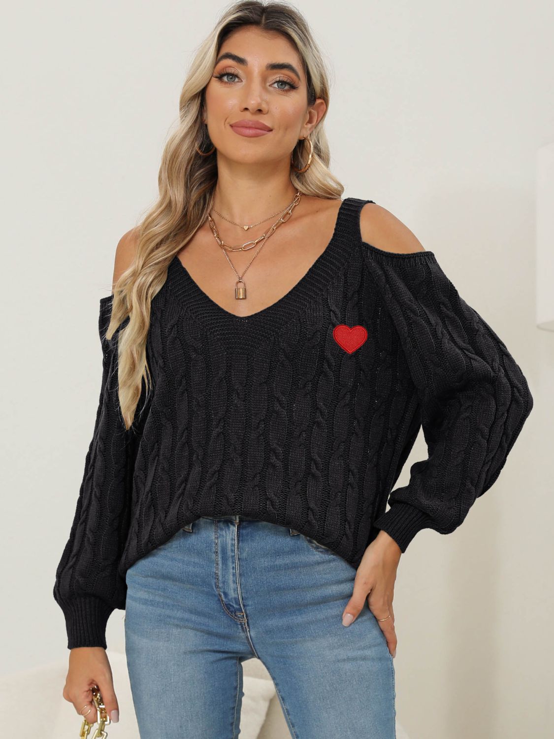 Cable-Knit Heart V-Neck Sweater-BT8D