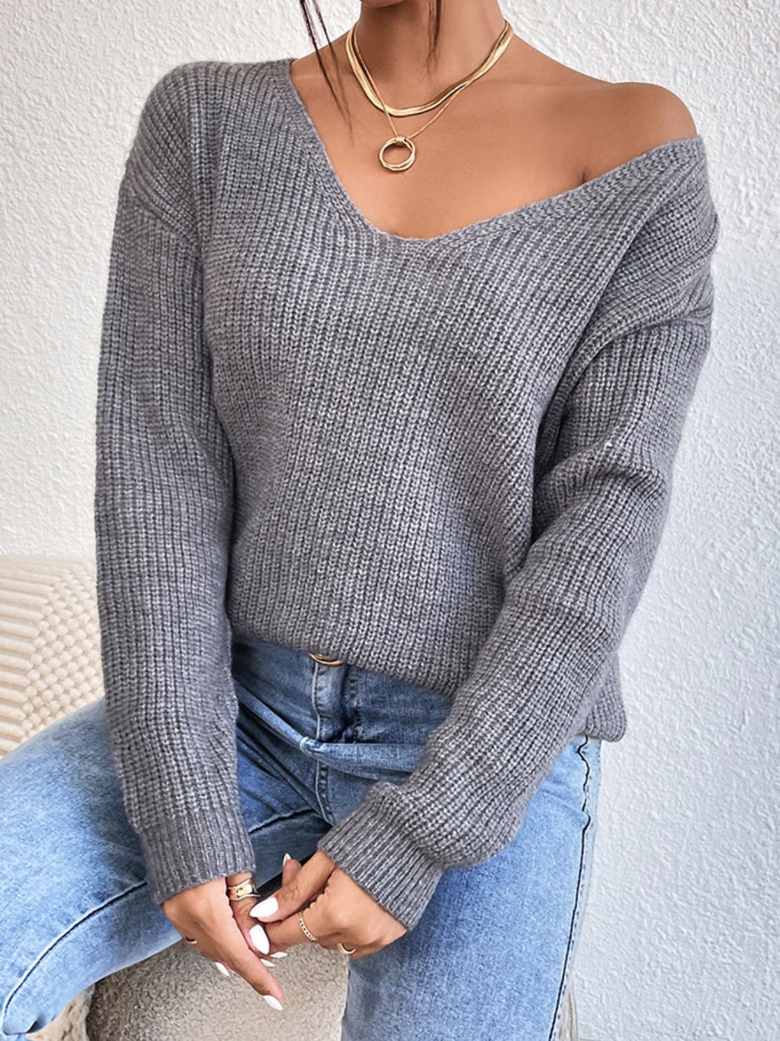 Crisscross V-Neck Long Sleeve Sweater-BT8D